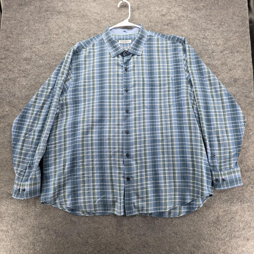 Tommy Bahama Shirt Mens 2XL XXL Blue Green Plaid Silk Blend Button Up Casual